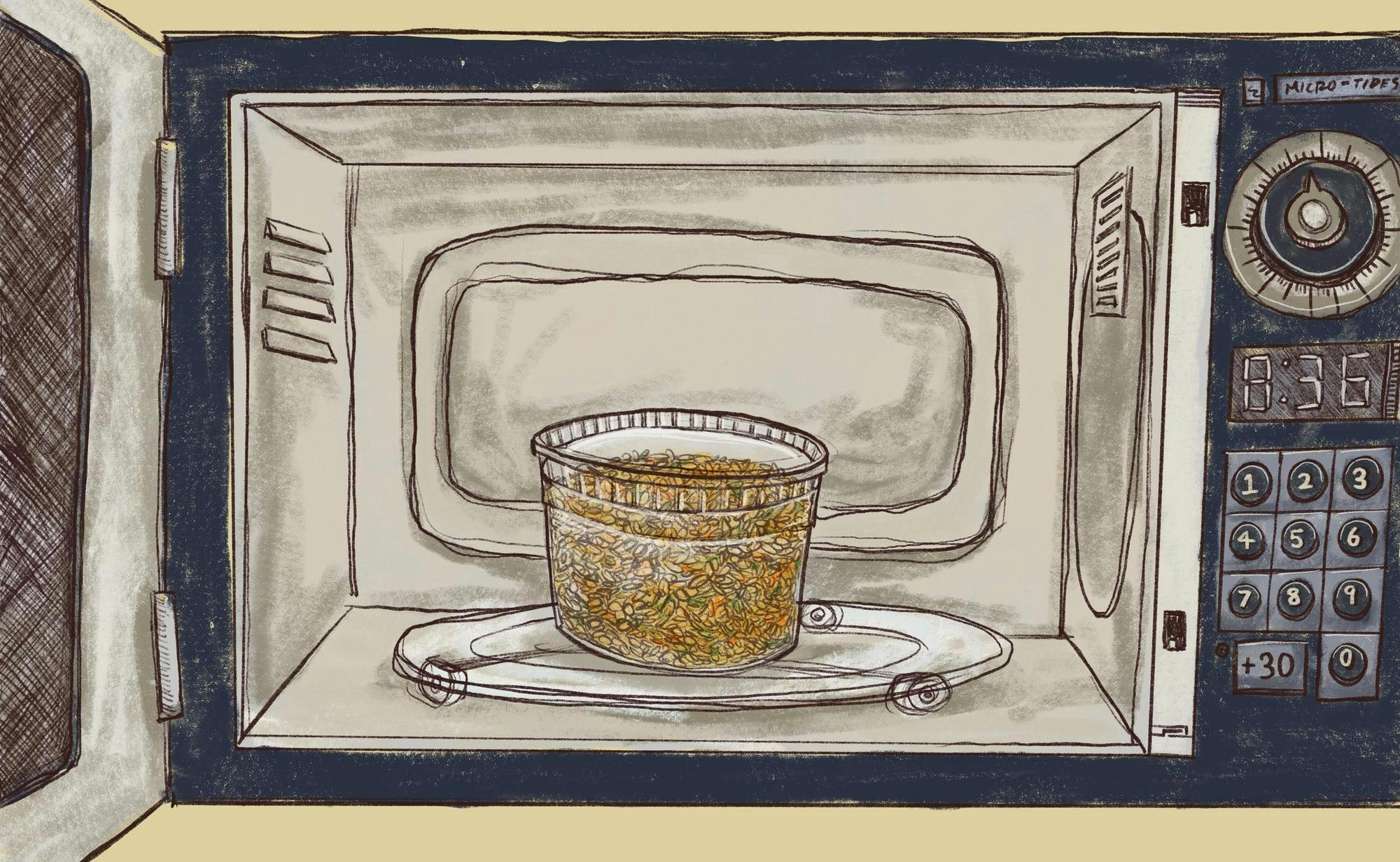 An illustration shows a plastic container in a microwave. 