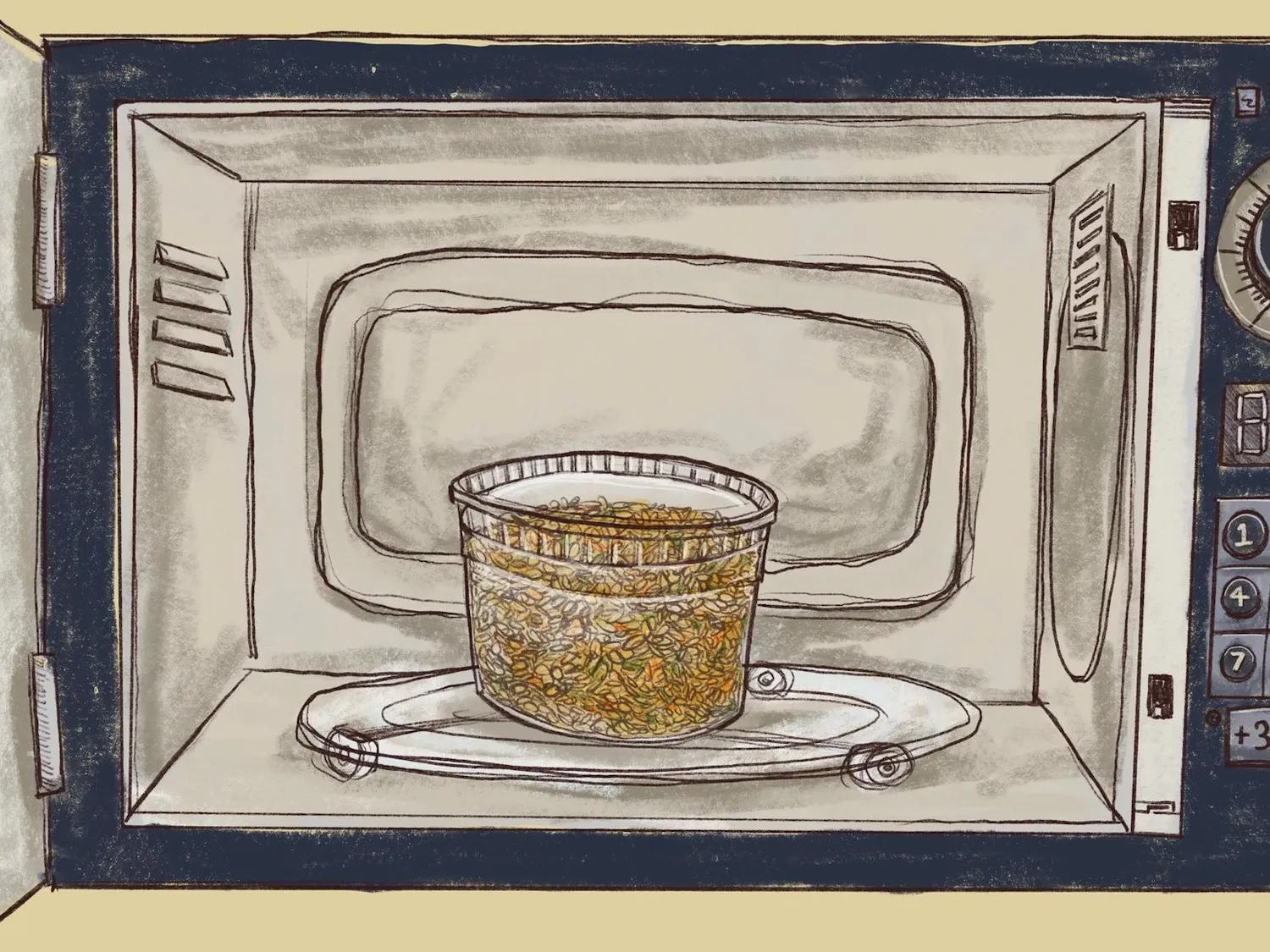 An illustration shows a plastic container in a microwave.