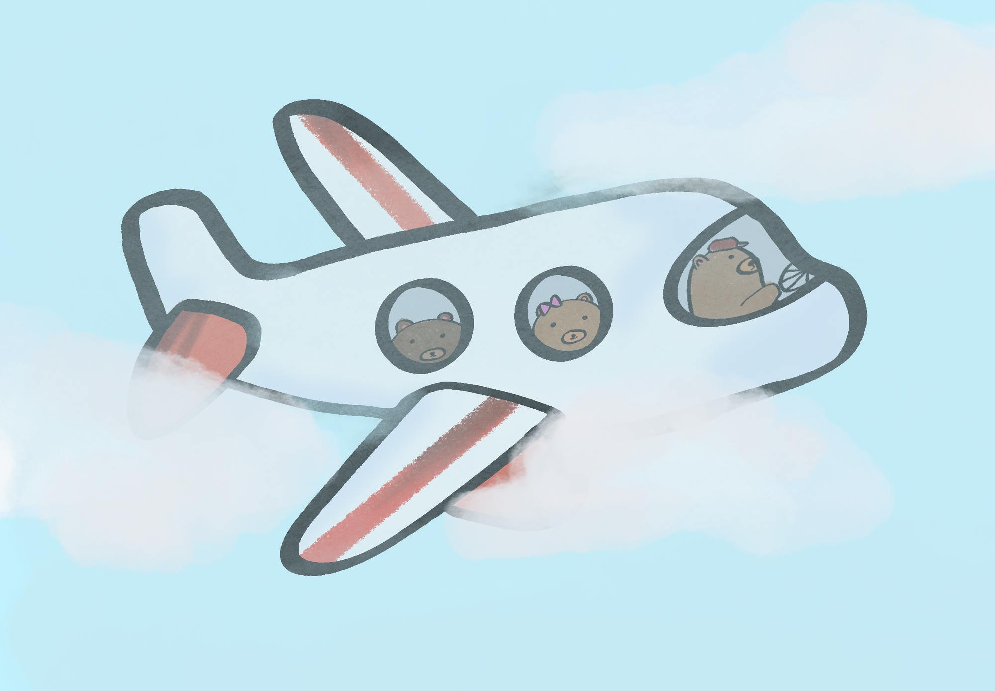 An illustration of an airplane with bears inside, flying through clouds. 