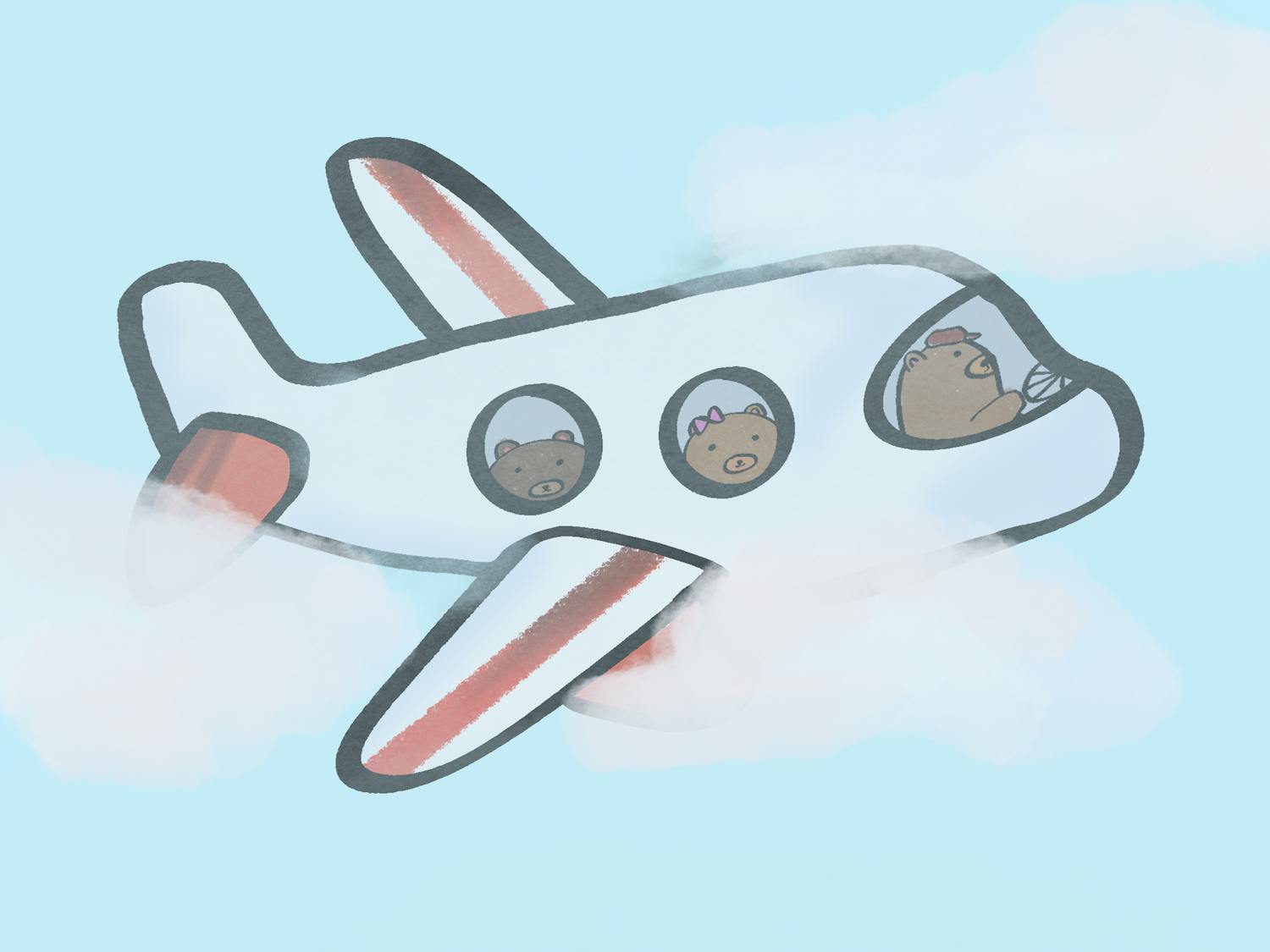 An illustration of an airplane with bears inside, flying through clouds.