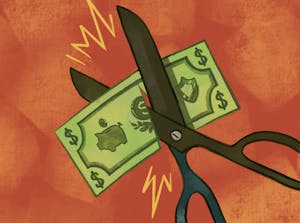 An illustration of a large pair of scissor cutting a bill.