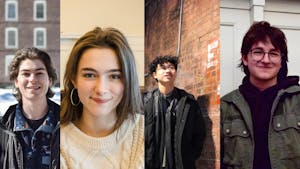 A collage shows four portraits of transfer students. From left to right: Benny Podokshik ’28 smiling in a green jacket, Isabel Reed ’28 smiling in a close-up, David Duan ’28 smiling at an exit sign adjacent to him, Chip Mindich ’27 smiling for the camera in front of University Hall. 
