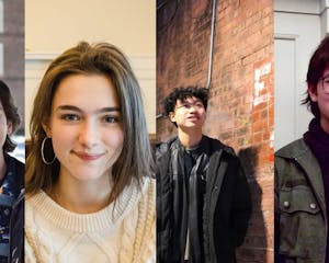 A collage shows four portraits of transfer students. From left to right: Benny Podokshik ’28 smiling in a green jacket, Isabel Reed ’28 smiling in a close-up, David Duan ’28 smiling at an exit sign adjacent to him, Chip Mindich ’27 smiling for the camera in front of University Hall.