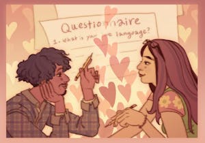 Two people, surrounded by pink hearts, hold pencils as if filling out a large questionnaire behind them reading "What is your love language?"