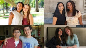 A photo collage of four pairs of roommates: from left to right, top to bottom: an image of Annie Antonietti ’27 and Maya Varma-Wilson ’27 smiling outside; a photo of Molly Ibrahim ’27 and Kamya Raman ’27 smiling outside a beige wall; A photo of Leo Nachamie ’27 and Elliot Stravato ’27 smiling inside the Stephen Robert '62 Campus Center; a photo of Gianna Rocchio ’27 and Lila Rosen ’27 sitting down and smiling inside the Stephen Robert '62 Campus Center.
