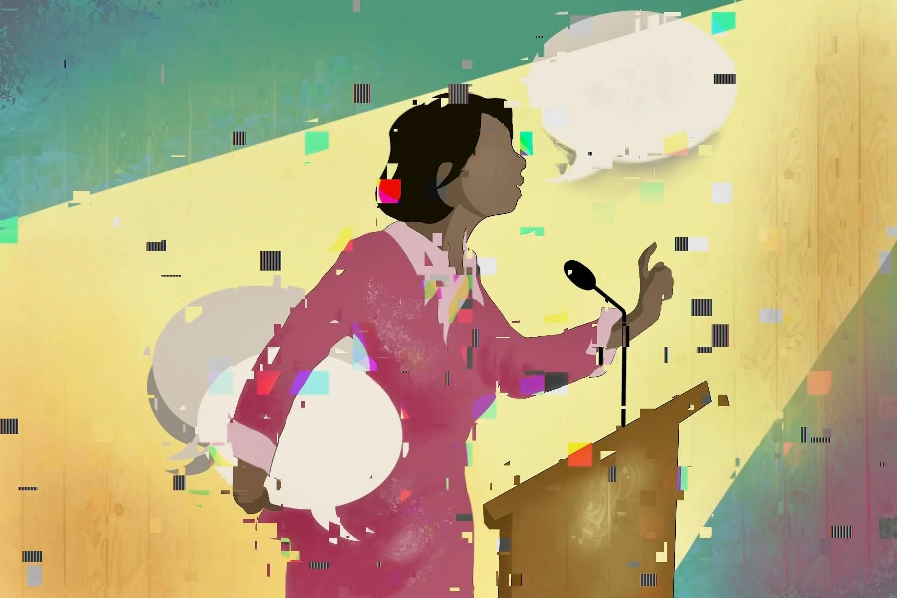 Illustration of a person speaking at a podium while holding speech bubbles, with a glitched effect overlay.