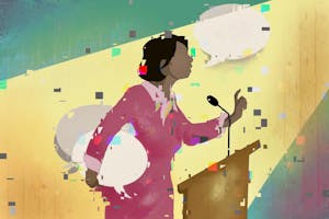 Illustration of a person speaking at a podium while holding speech bubbles, with a glitched effect overlay.