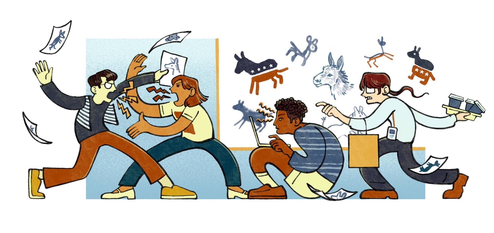 Illustration of Democrats fighting with each other.