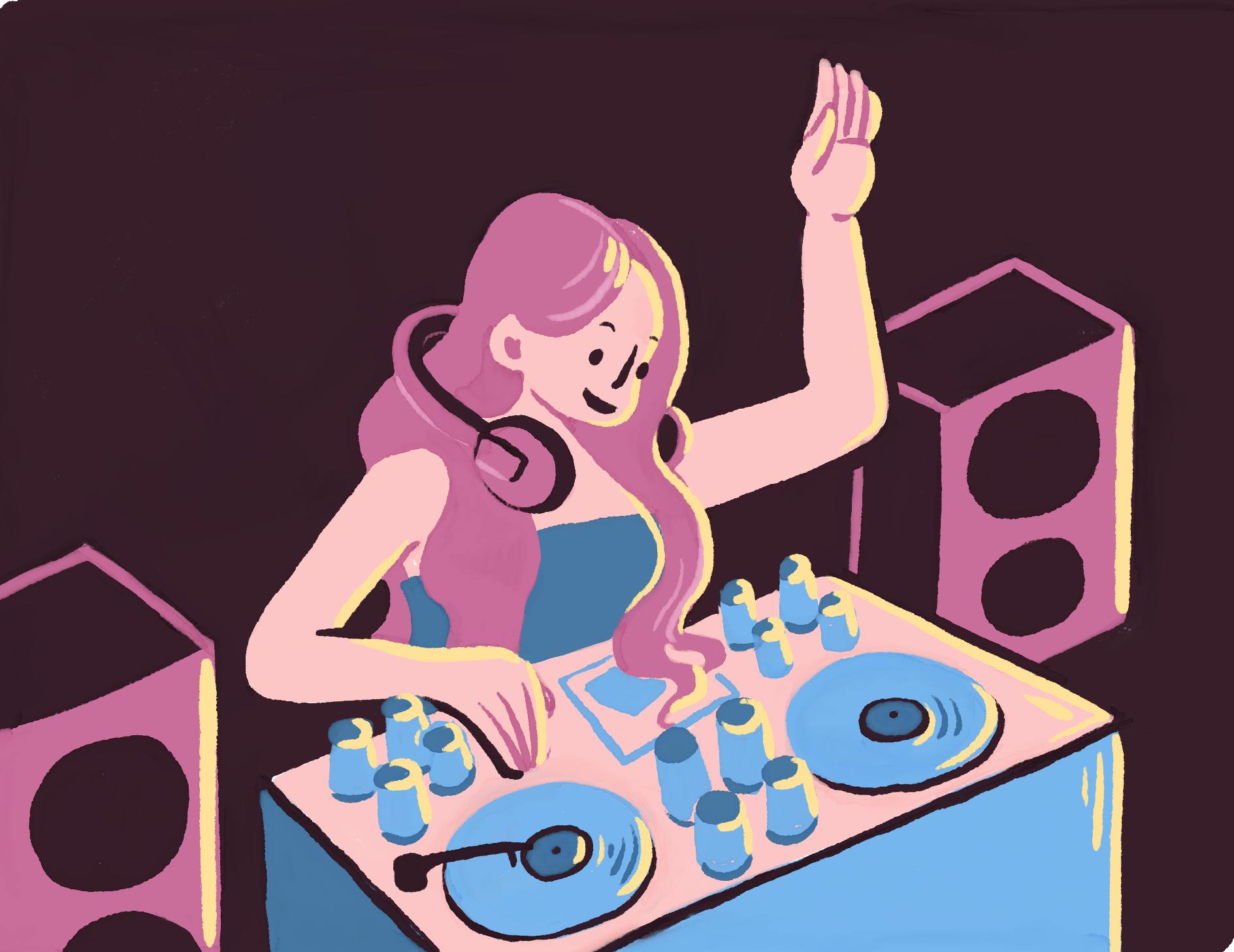 A pink-haired DJ puts her hand in the air, with the other on her turntable.