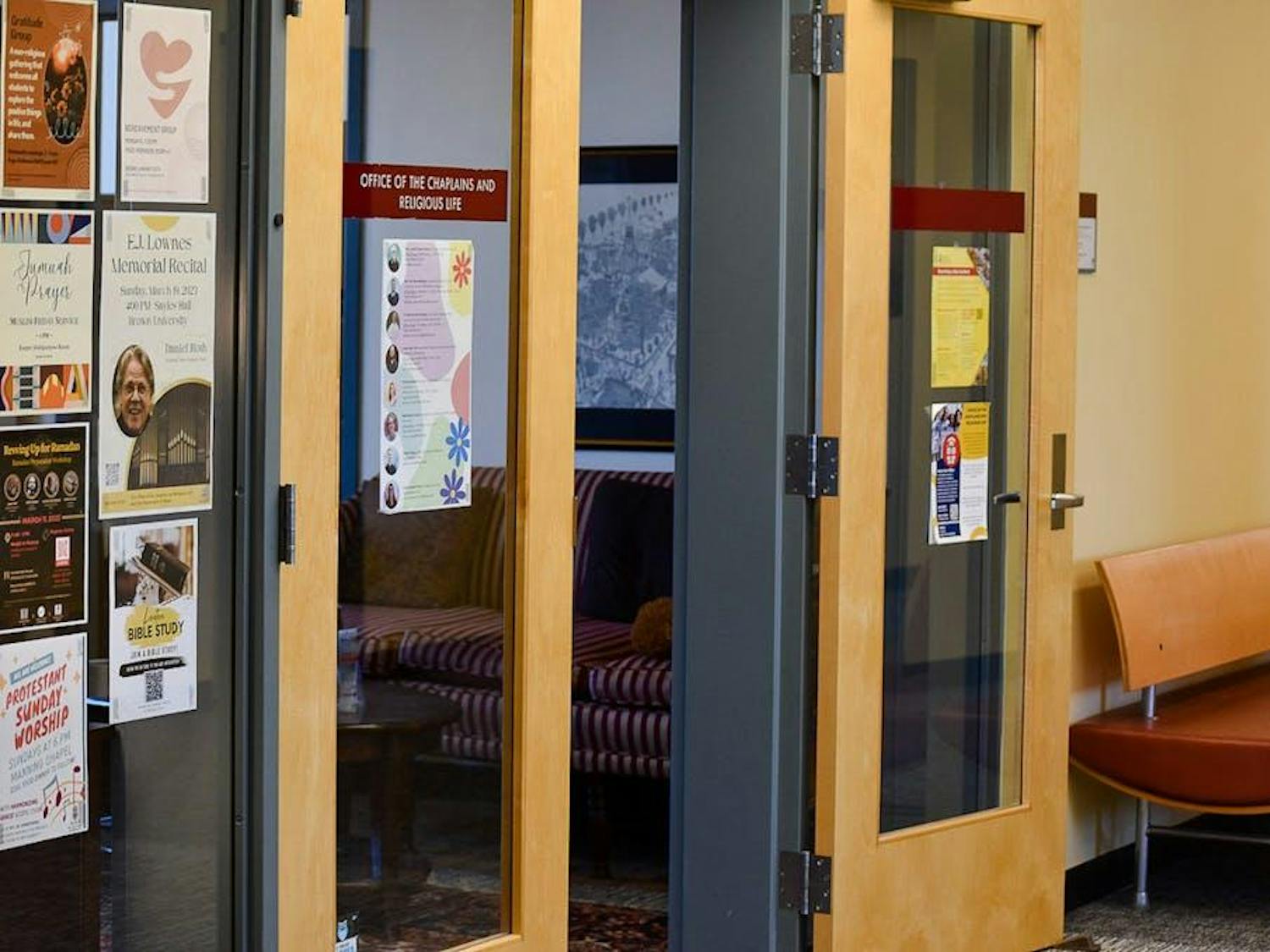 Photo of the doors to the Office of the Chaplains and Religious Life in Page-Robinson Hall.