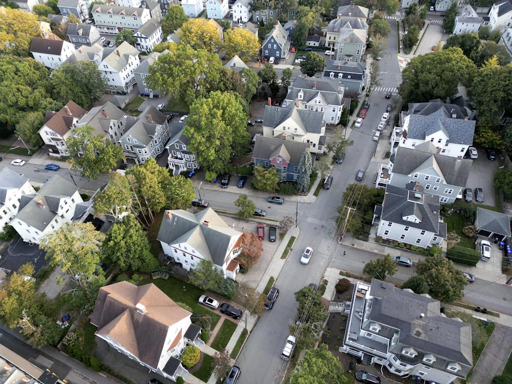 Drone photo of off-campus housing by College Hill.