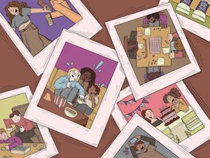 Illustration of seven polaroids scattered on a desk featuring college students enjoying various activities together.
