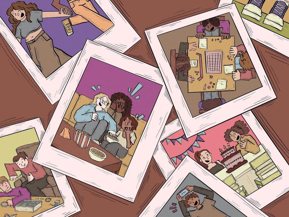 Illustration of seven polaroids scattered on a desk featuring college students enjoying various activities together.