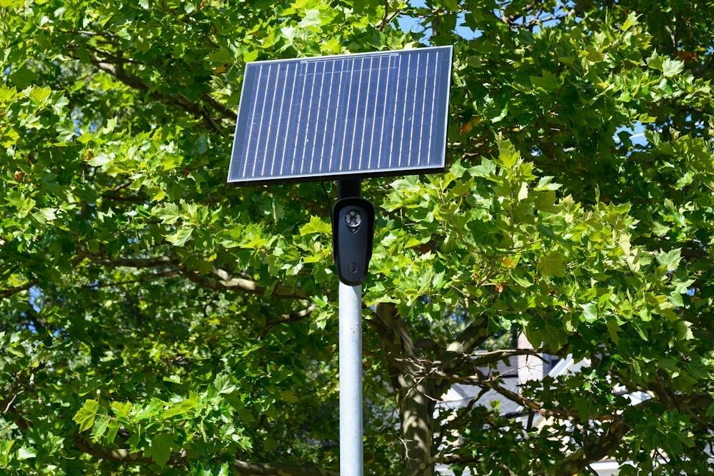 Photo of a black security camera with a solar panel on top of a white pole.