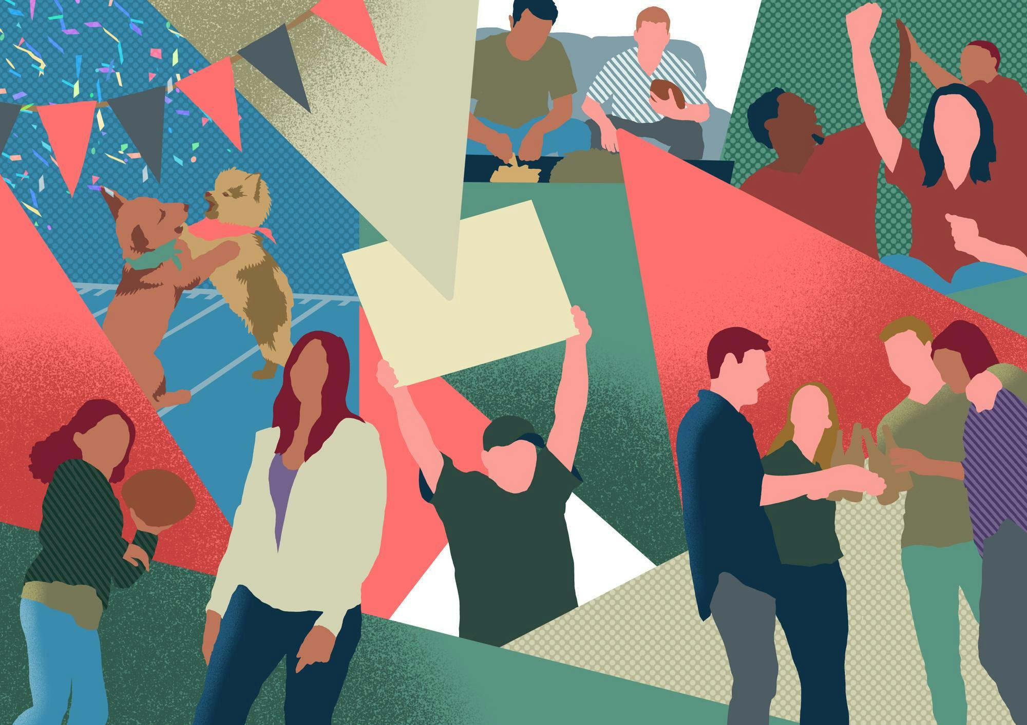 Groups of people watching the Super Bowl with snacks and cheers. In the upper left corner, two puppies celebrating the Super Bowl.