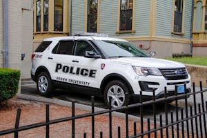 A photo of a Brown University public safety vehicle, outside of the Brown University Department of Public Safety.