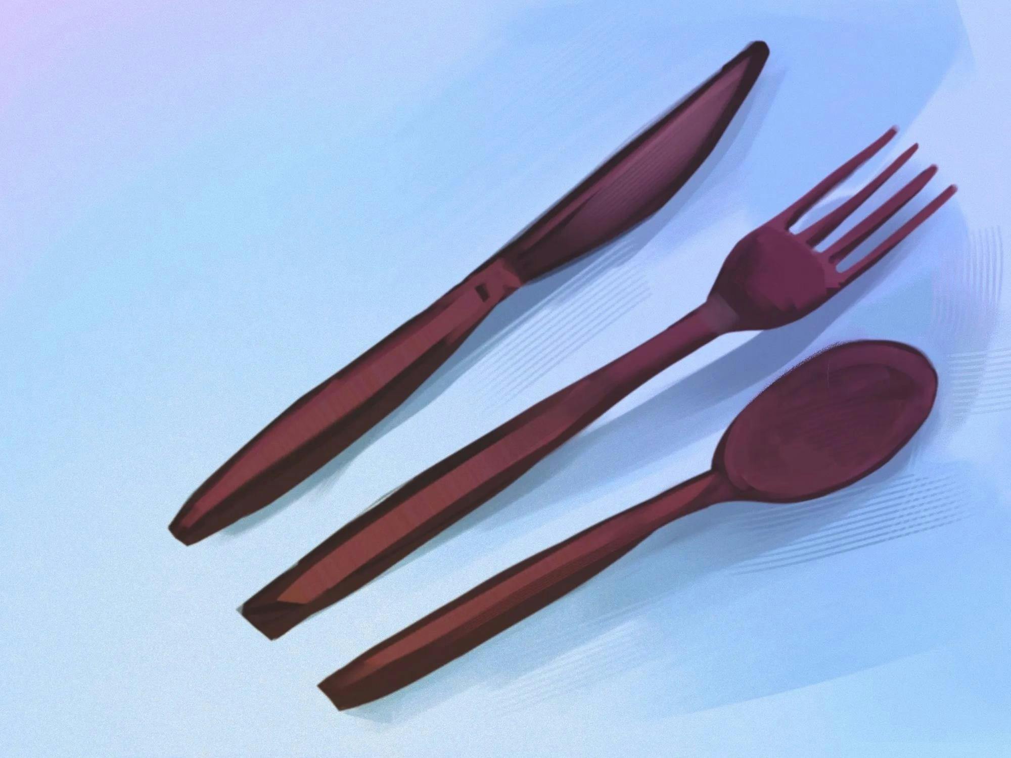 Illustration of plastic silverware.