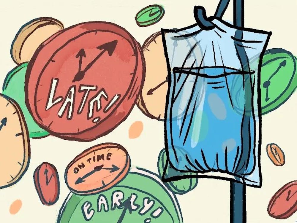 Illustration of red, yellow, and green clocks displaying different times. A big red one says “late” with an exclamation point in all capital letters and white text, a smaller yellow one says “on time” in black capital letters and a green one at the bottom says “early” in white capital letters. An IV bag hangs on a hook on the right.