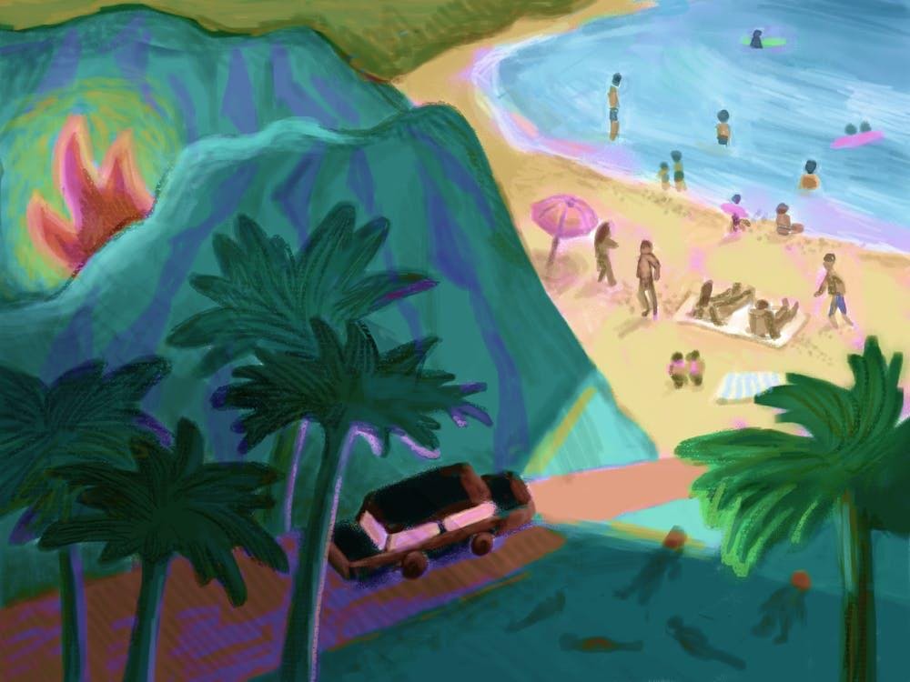 An illustration of a car driving to a beach full of people.