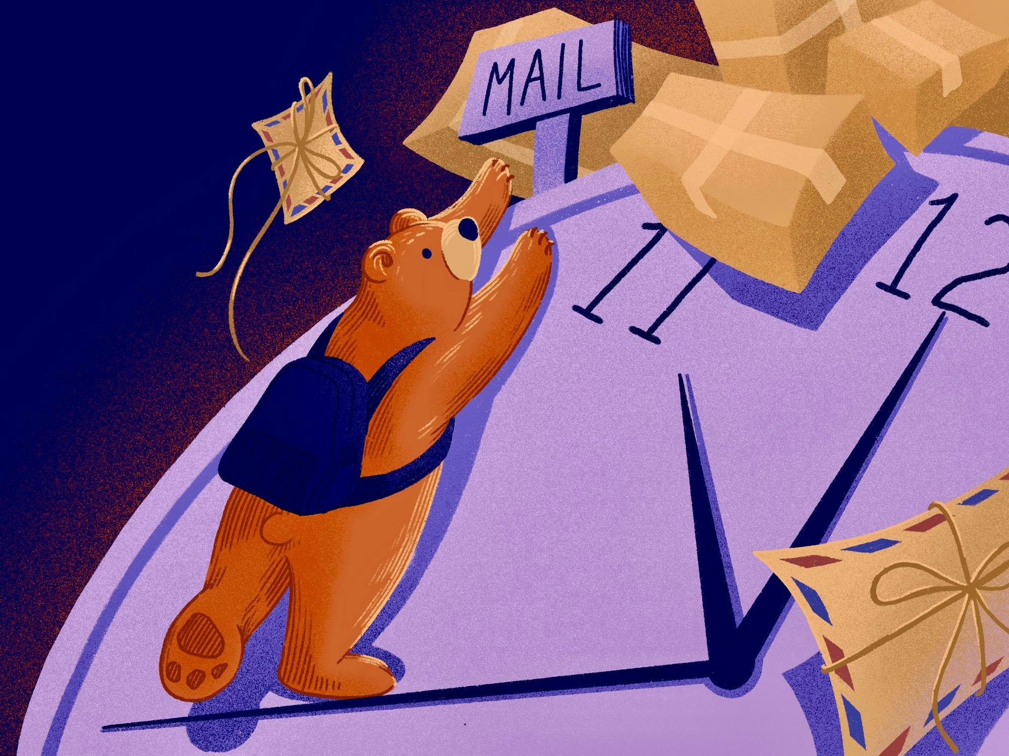 An illustration of a brown bear with a dark purple backpack climbing the minute hand of a purple clock to reach a sign with “MAIL” written on it. There are brown packages and two brown letters tied with bows drawn in the background.