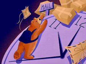 An illustration of a brown bear with a dark purple backpack climbing the minute hand of a purple clock to reach a sign with “MAIL” written on it. There are brown packages and two brown letters tied with bows drawn in the background.