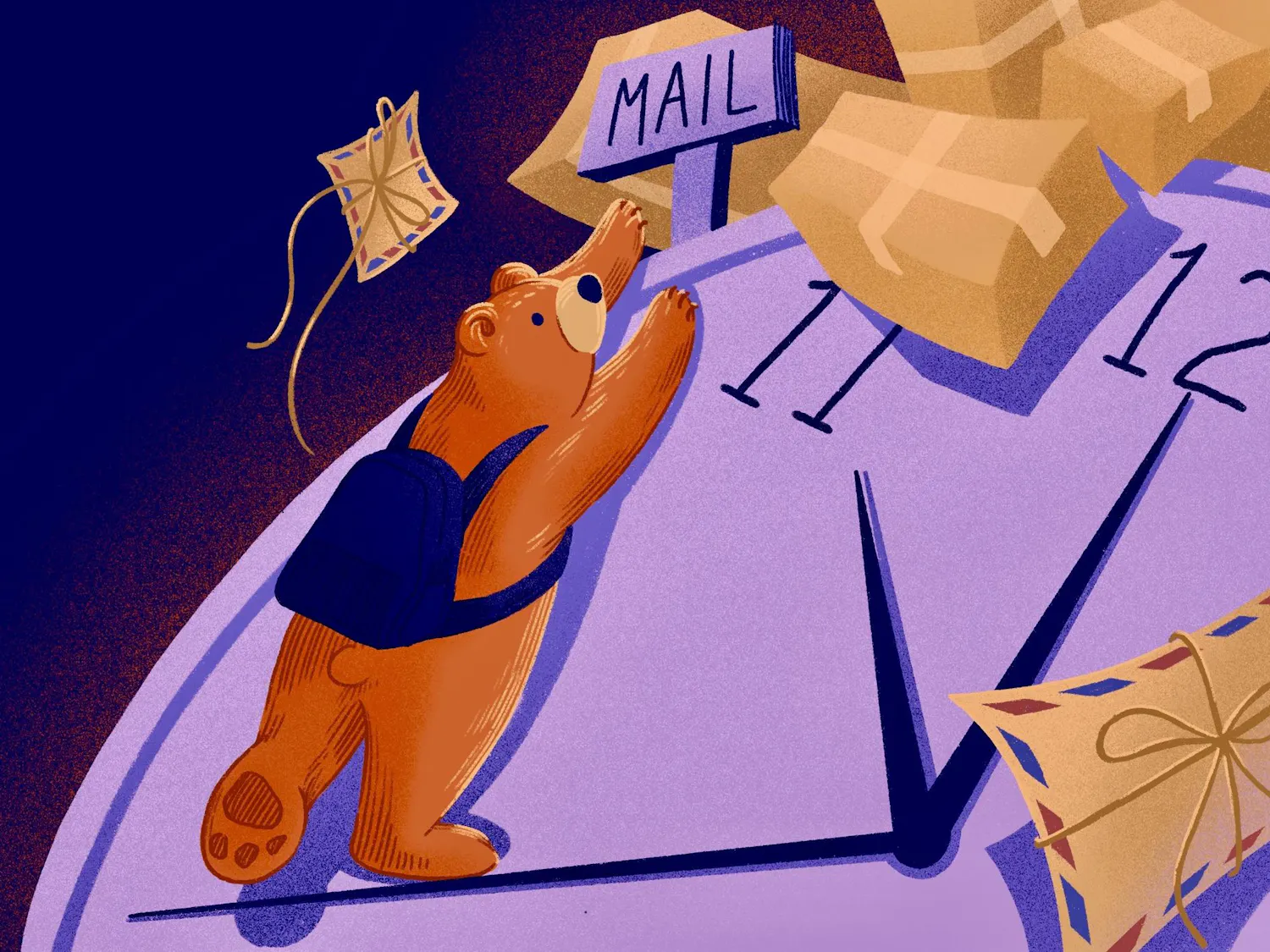 An illustration of a brown bear with a dark purple backpack climbing the minute hand of a purple clock to reach a sign with “MAIL” written on it. There are brown packages and two brown letters tied with bows drawn in the background.