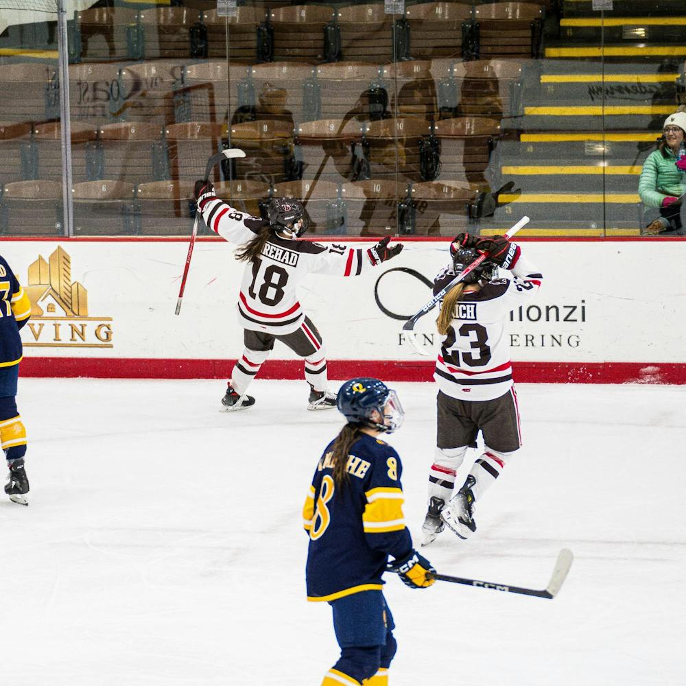 <p>First-year Margot Norehad ’27 scored the “Michigan” goal in a Jan. 27 match against Quinnipiac to become the second women’s hockey player in history to do so.</p><p>Courtesy of Brown Athletics </p>