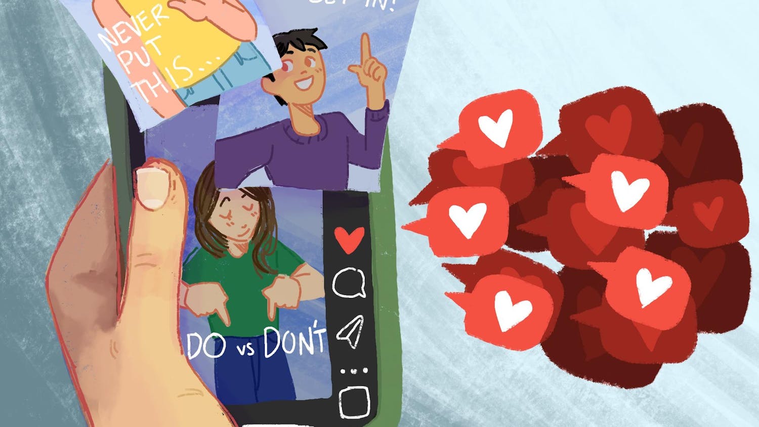 An illustration of a hand holding a phone showing videos of influencers giving advice for college admissions receiving many likes.