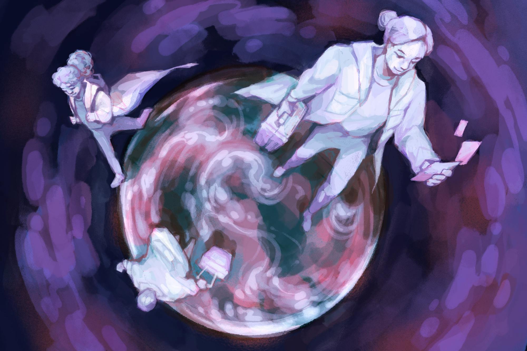 Illustration of hectic med students walking around on a mysterious purple sphere.