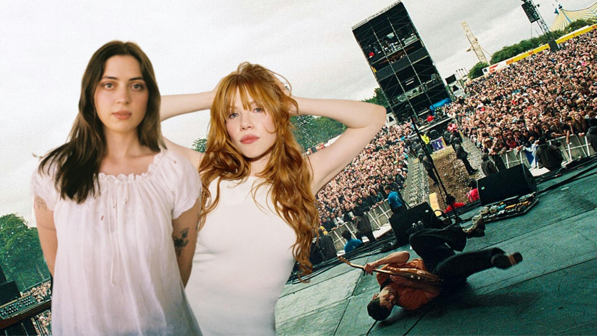 Pictures of Carly Rae Jepsen and Lizzy McAlpine cut out collaged over a concert photo of Bleachers.