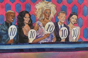 An illustration of five people holding score boards that say 10.