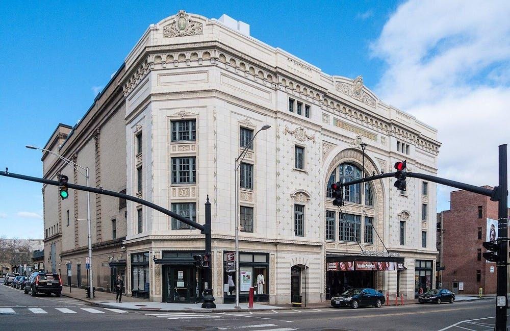 An off white old building.