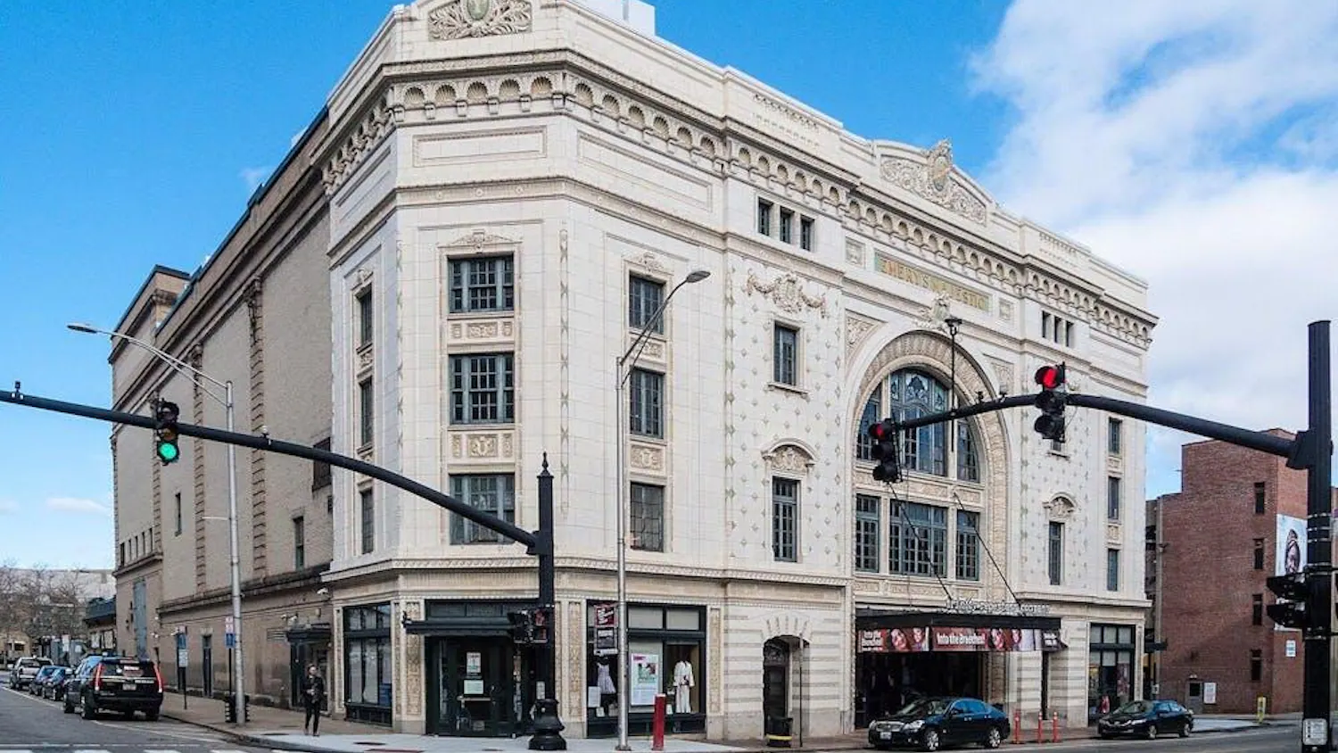 An off white old building.