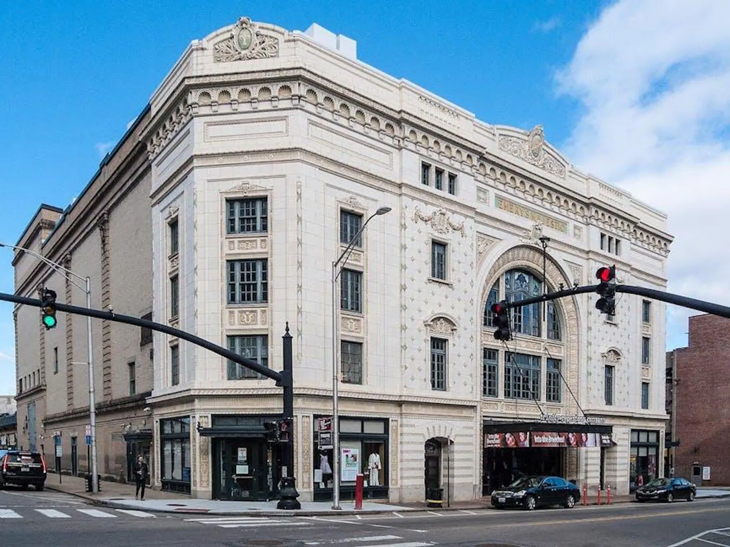 An off white old building.