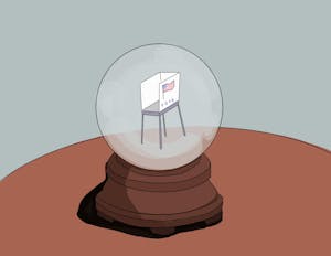 An illustration of a voting booth inside of a crystal ball.