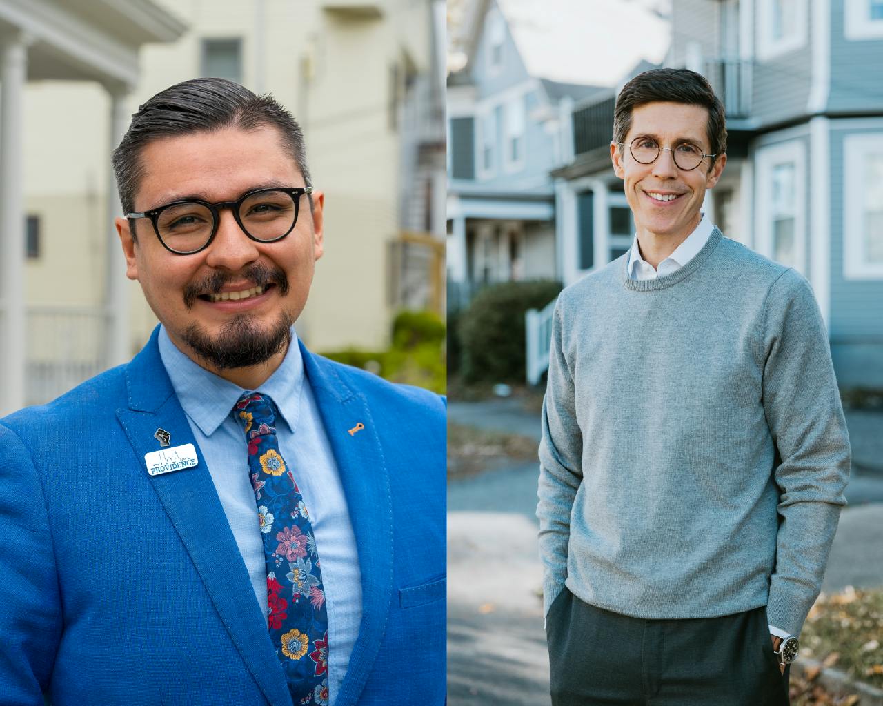 Side-by-side photos of David Morales in a blue suit and Brett Smiley in a grey sweater. 