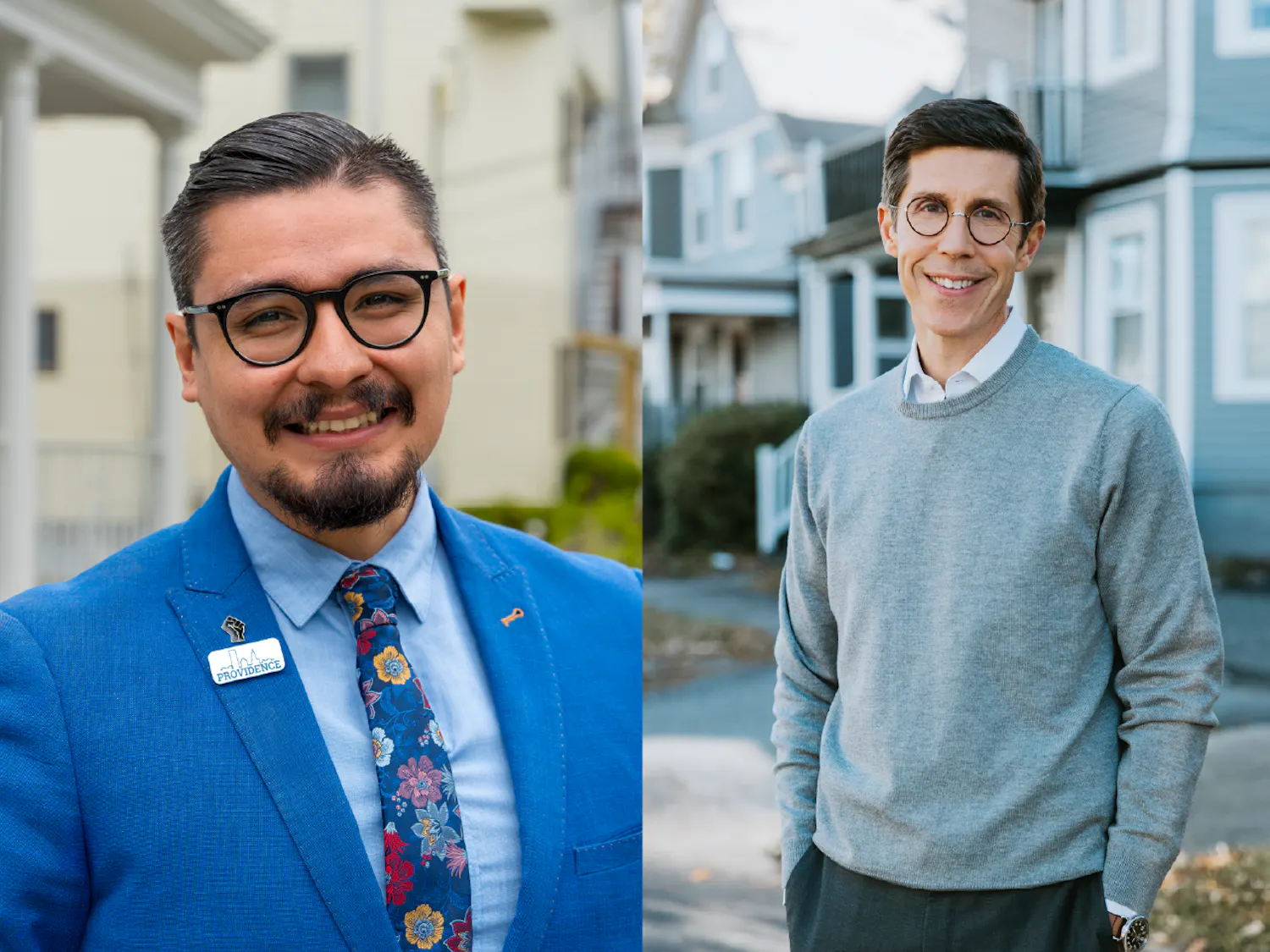 Side-by-side photos of David Morales in a blue suit and Brett Smiley in a grey sweater.