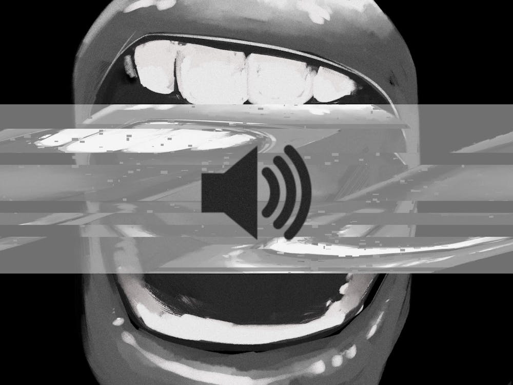 A black and white illustration of a mouth open with a max volume icon overlayed on top. 
