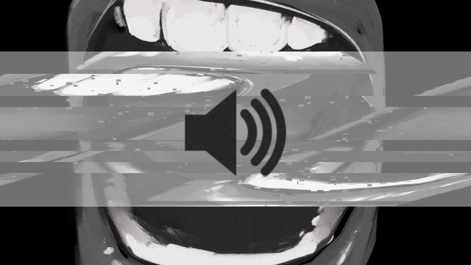A black and white illustration of a mouth open with a max volume icon overlayed on top.