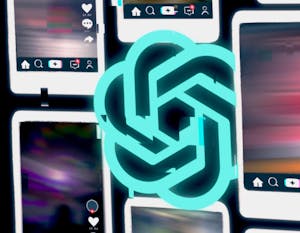 Illustration of OpenAI logo embedded between multiple phones open to social media platform. 