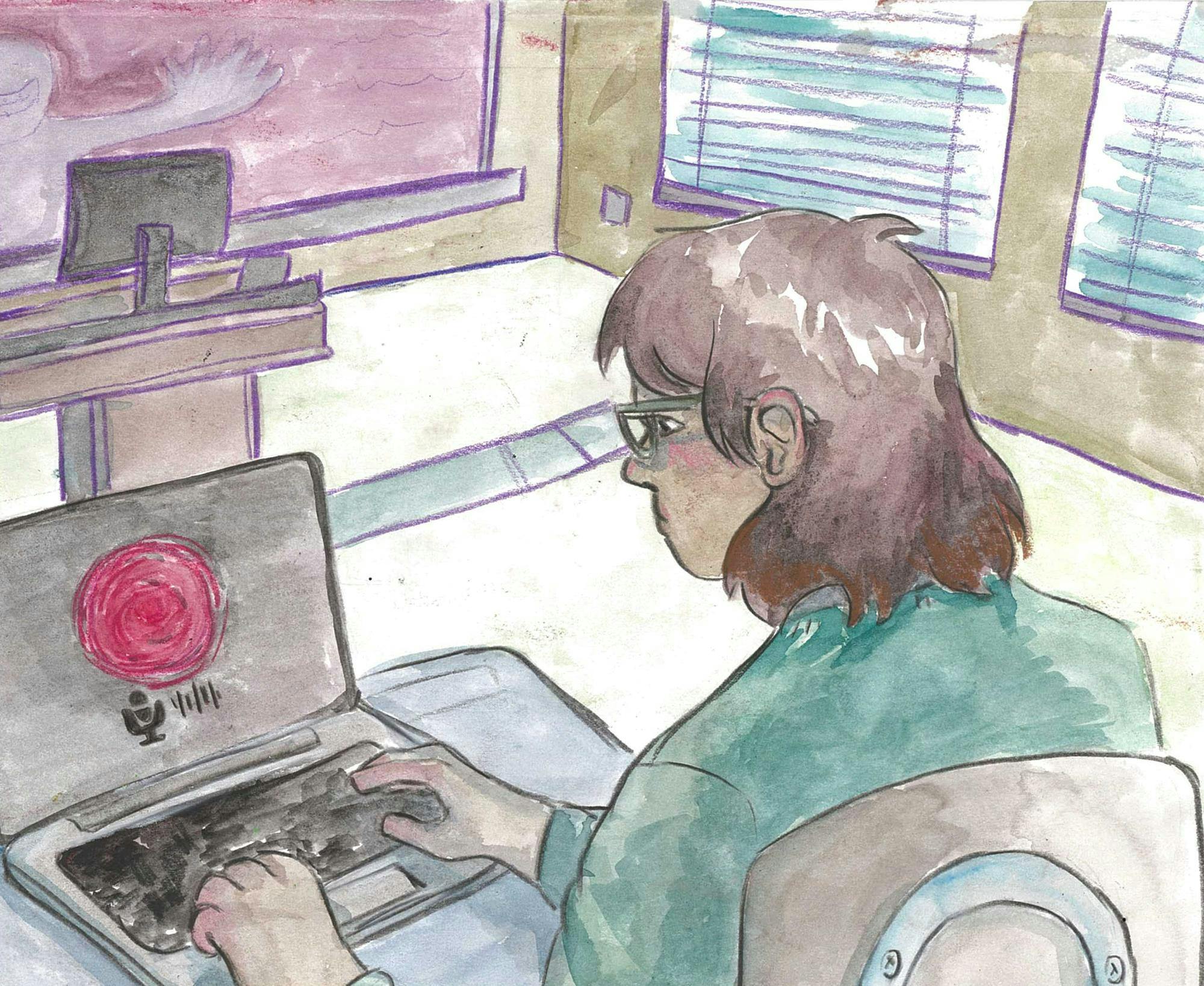 An illustration of a student sitting at a desk in a classroom. They have a laptop open with a red circle and an audio icon on the screen.