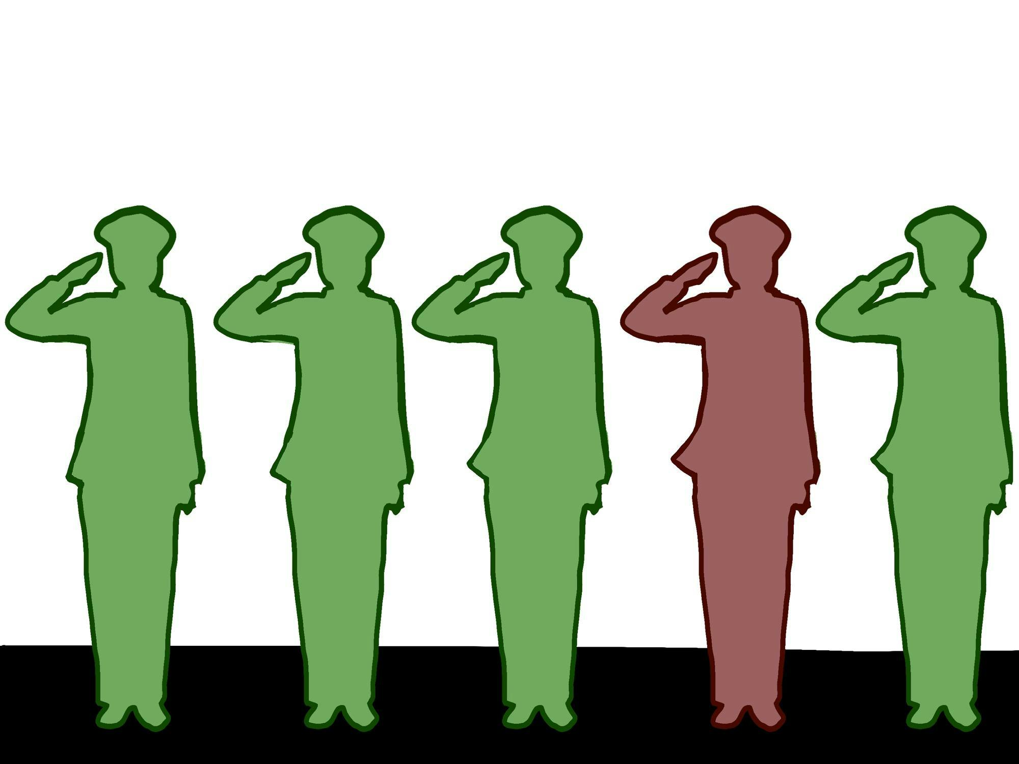 An illustration of the silhouettes of five veterans saluting, all shaded in green except for the second from the right shaded in red.