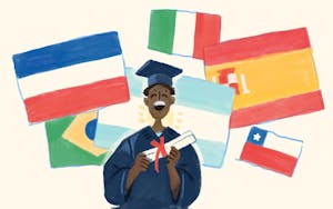 Illustration of a person in a graduation cap and gown holding a diploma with the flags of Russia, Argentina, Spain, Brazil, Chile and Italy behind them.