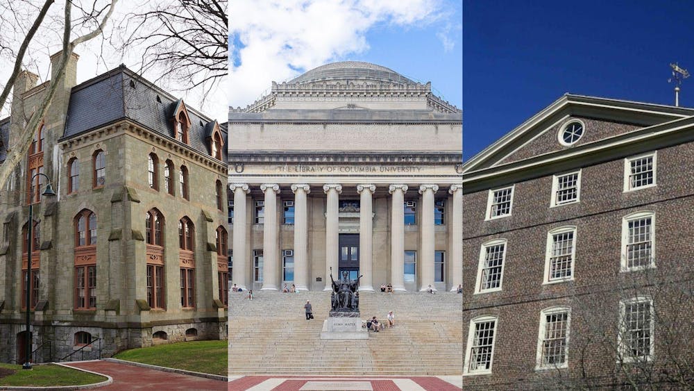 A collage of campus buildings at the University of Pennsylvania, Columbia University and Brown University.