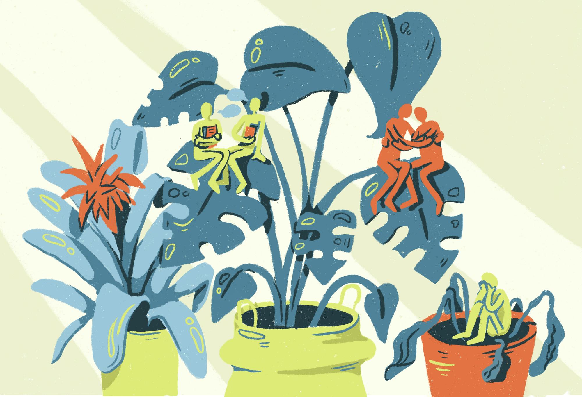 An illustration of stick figures sitting on top of a plant hugging, reading and sad.