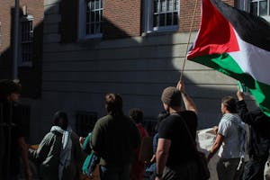 A photo of a student march. One student is holding a large Palestinian flag above his head, and two others are wearing Keffiyehs. 