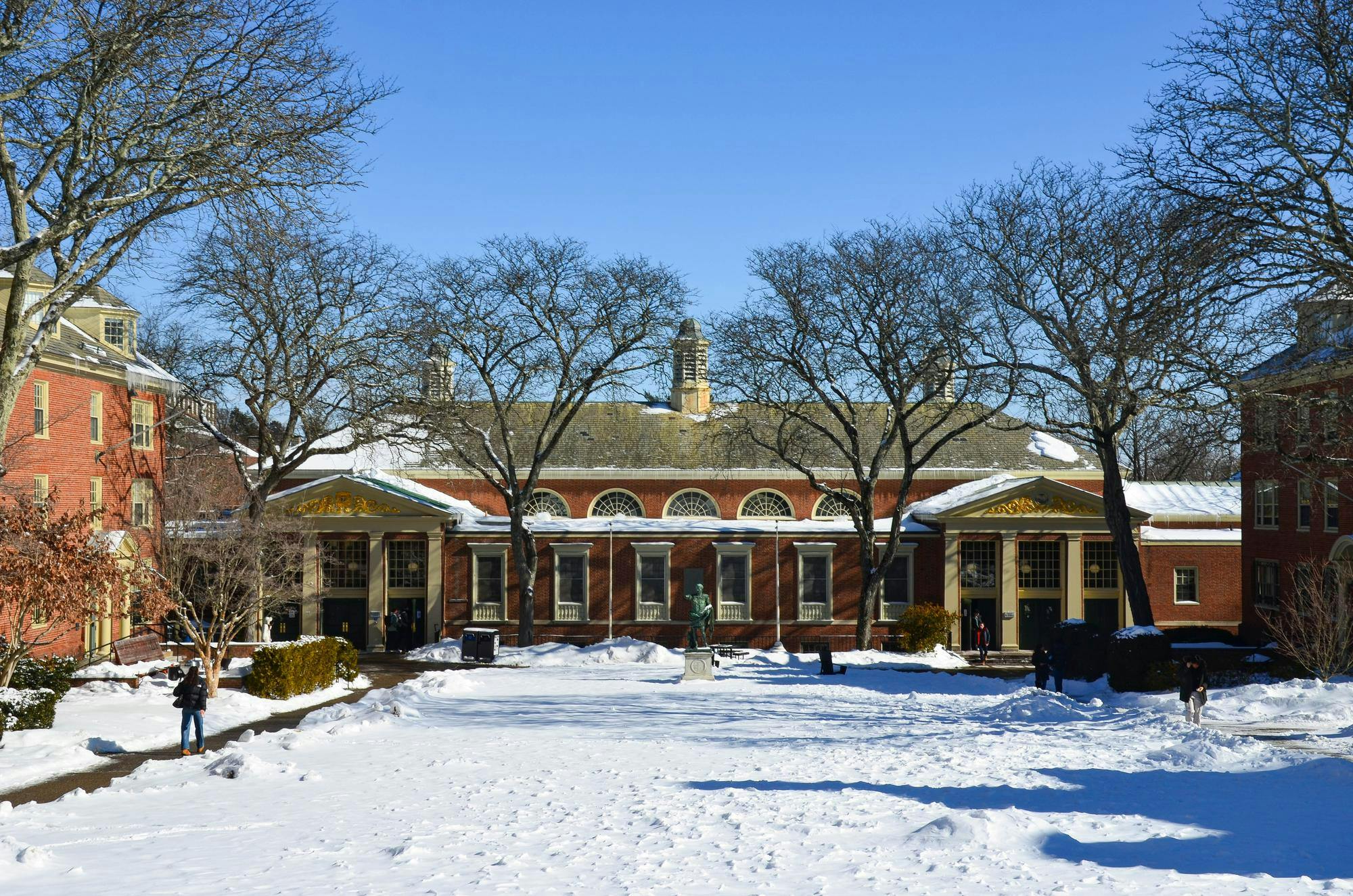 A photo of the Sharpe Refectory and Wriston Quad in the snow