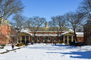 A photo of the Sharpe Refectory and Wriston Quad in the snow