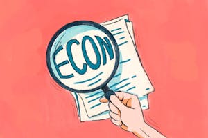 Illustration of three pieces of paper stacked together and a hand holding a magnifying glass that magnifies the word “ECON” with all capital letters in blue text.