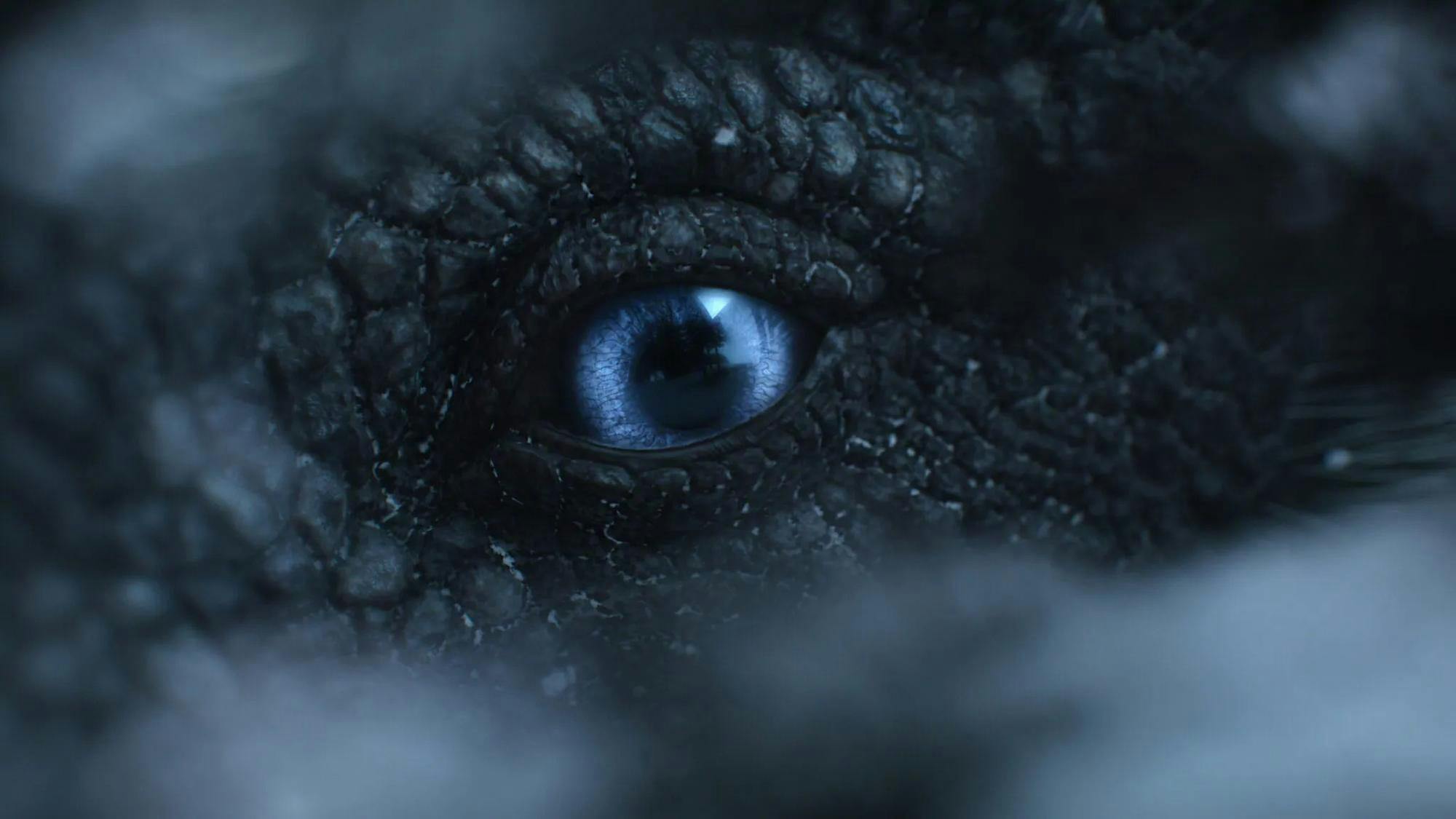 A screen grab from the film “The Dinosaurs” where a blue-eyed dinosaur peaks through a crack.